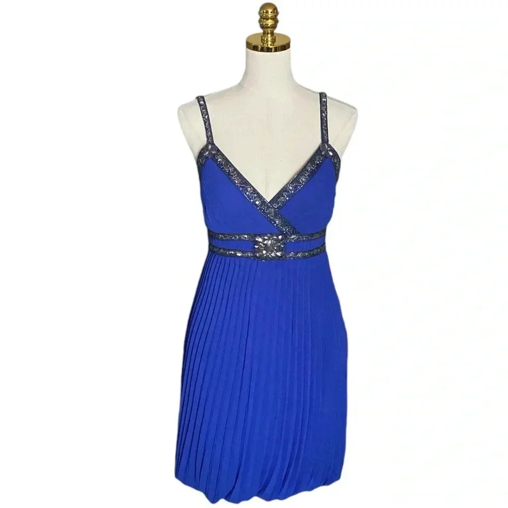 SUE WONG Women’s Blue Pleated Nocturne Bead Embellished Bubble Cocktail Dress 4